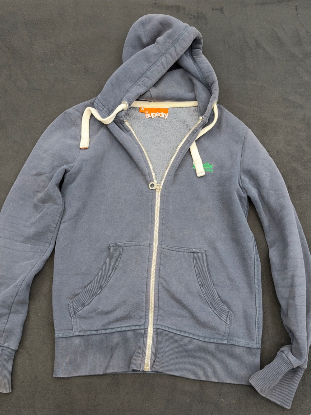 Superdry Mens Vintage Full Zip Hoodie Blue Sweatshirt Green Embroidered Logo Siz